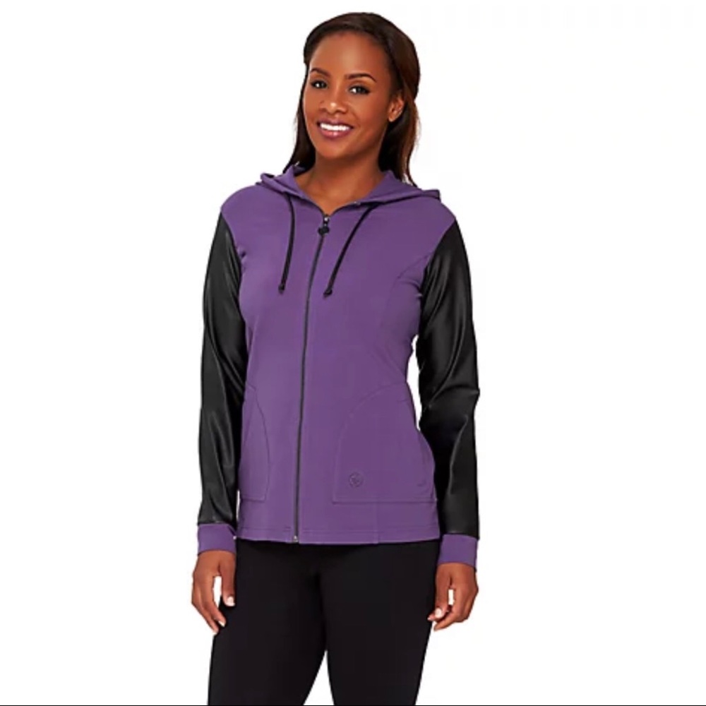 Linea Leisure by Louis Dell'Olio Zip Hoodie Faux Leather Sleeves, 2X Pomegranate - Picture 2 of 12